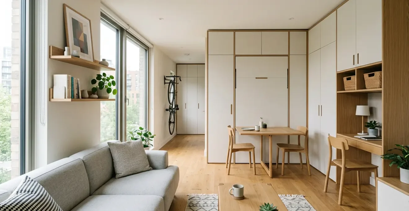 Vue d'ensemble d'un appartement de 45m² optimisé avec mobilier modulaire et rangements intelligents