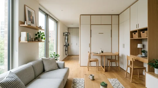 Vue d'ensemble d'un appartement de 45m² optimisé avec mobilier modulaire et rangements intelligents