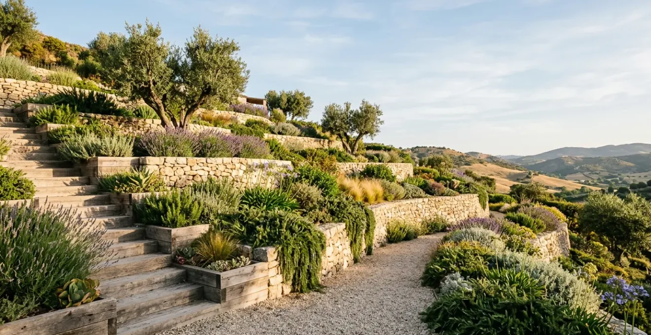 Vue panoramique d'un jardin en pente aménagé en terrasses successives avec murets de pierre naturelle et végétation étagée
