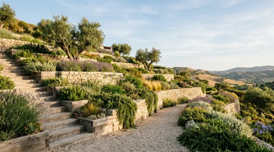 Vue panoramique d'un jardin en pente aménagé en terrasses successives avec murets de pierre naturelle et végétation étagée