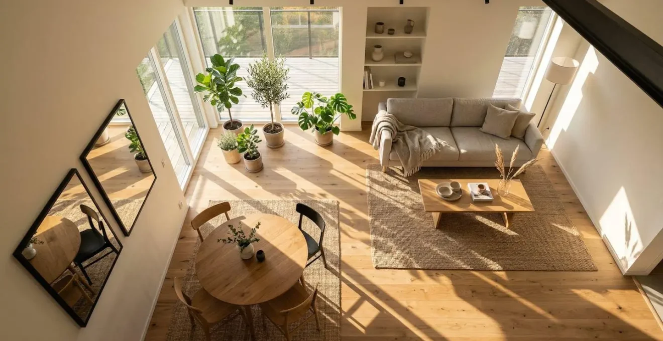 Vue aérienne d'un salon en forme de L baigné de lumière naturelle avec mobilier adapté