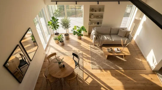 Vue aérienne d'un salon en forme de L baigné de lumière naturelle avec mobilier adapté