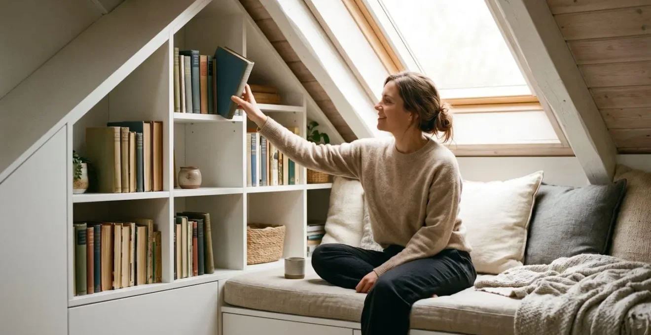 Mobilier intégré sur mesure exploitant l'espace sous pente d'un comble aménagé