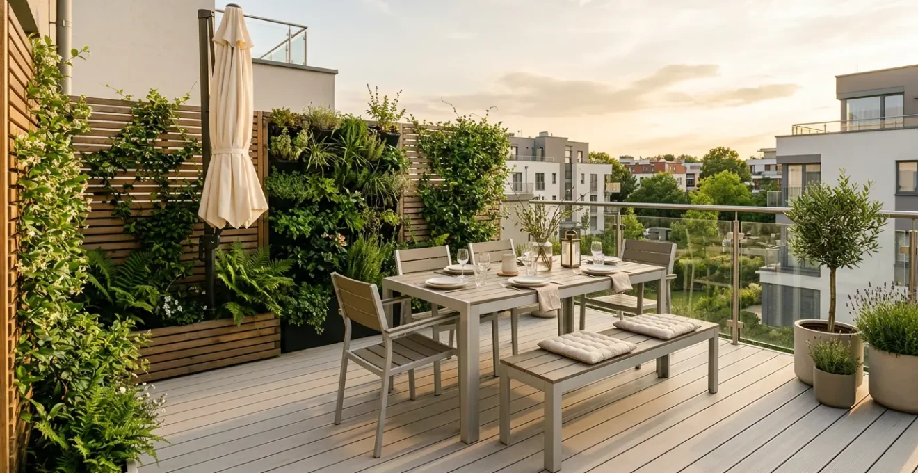 Vue d'ensemble d'une terrasse extérieure de 15 m² aménagée avec une table pour six personnes, un coin détente et des plantes