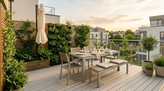 Vue d'ensemble d'une terrasse extérieure de 15 m² aménagée avec une table pour six personnes, un coin détente et des plantes
