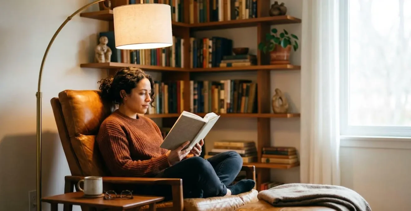Angle intérieur d'une pièce en L avec fauteuil design et lampadaire arc