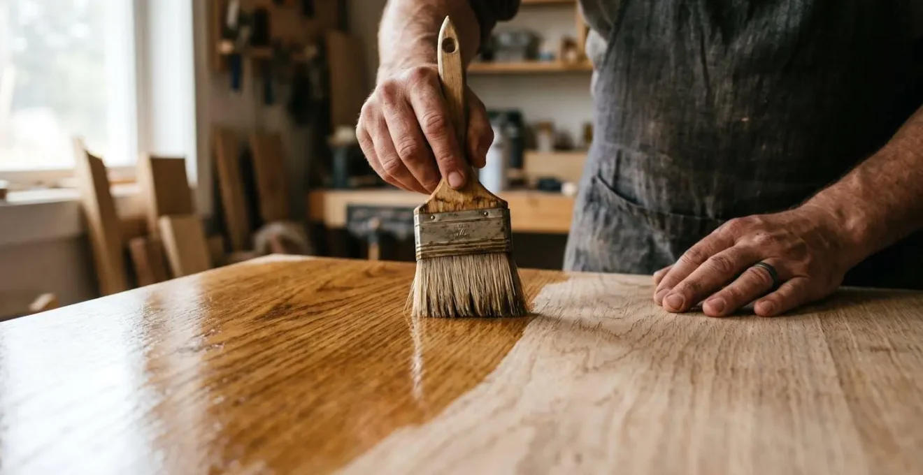 Application d'huile naturelle sur une surface de bois brut avec un pinceau