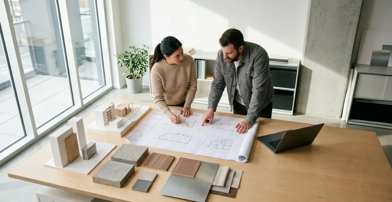 Professionnel examinant des plans techniques dans un bureau moderne