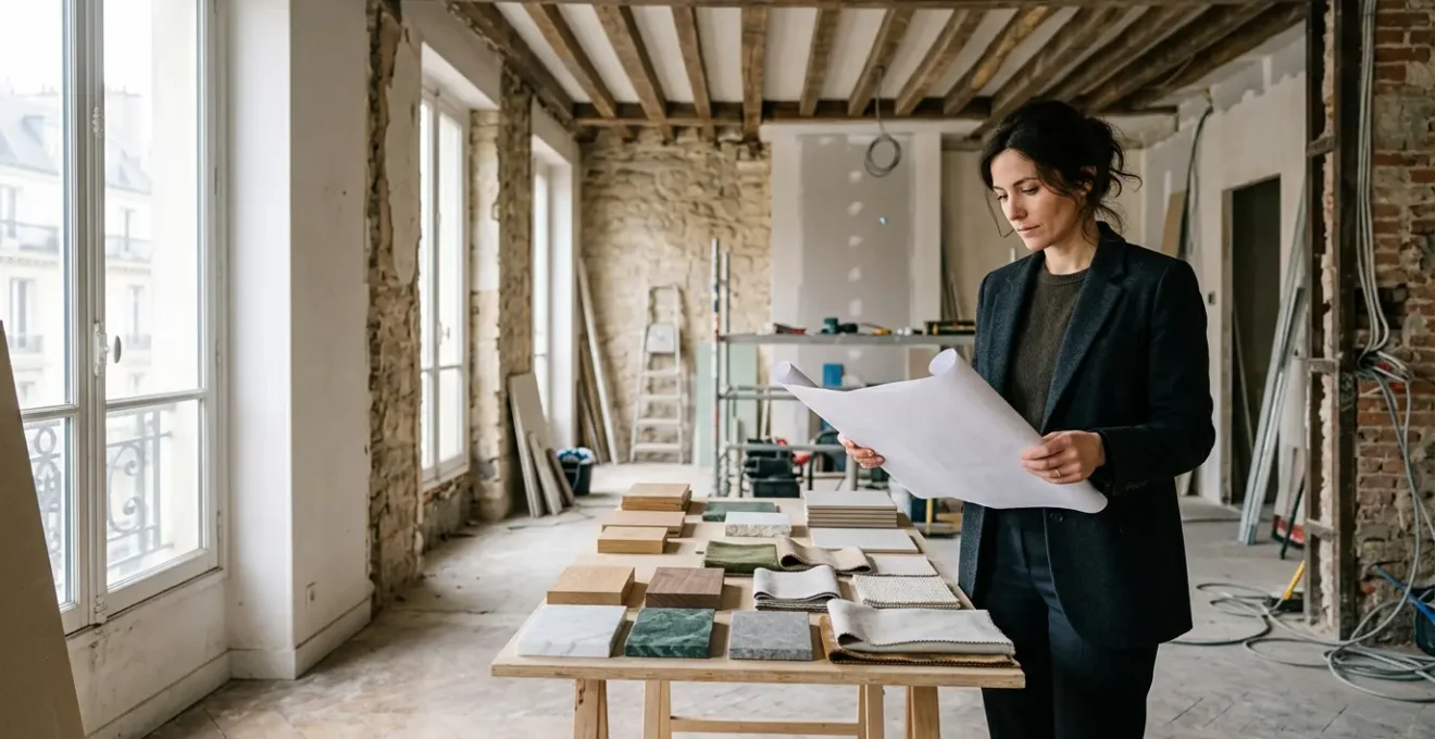 Architecte d'intérieur dans un appartement en rénovation avec plans et nuanciers