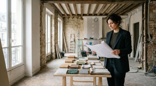Architecte d'intérieur dans un appartement en rénovation avec plans et nuanciers