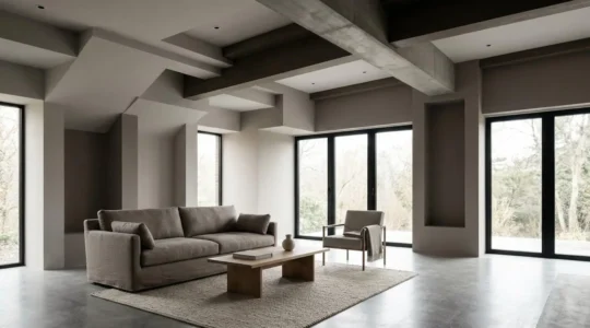 Architecture intérieure moderne avec jeu de nuances sobres et lumière naturelle