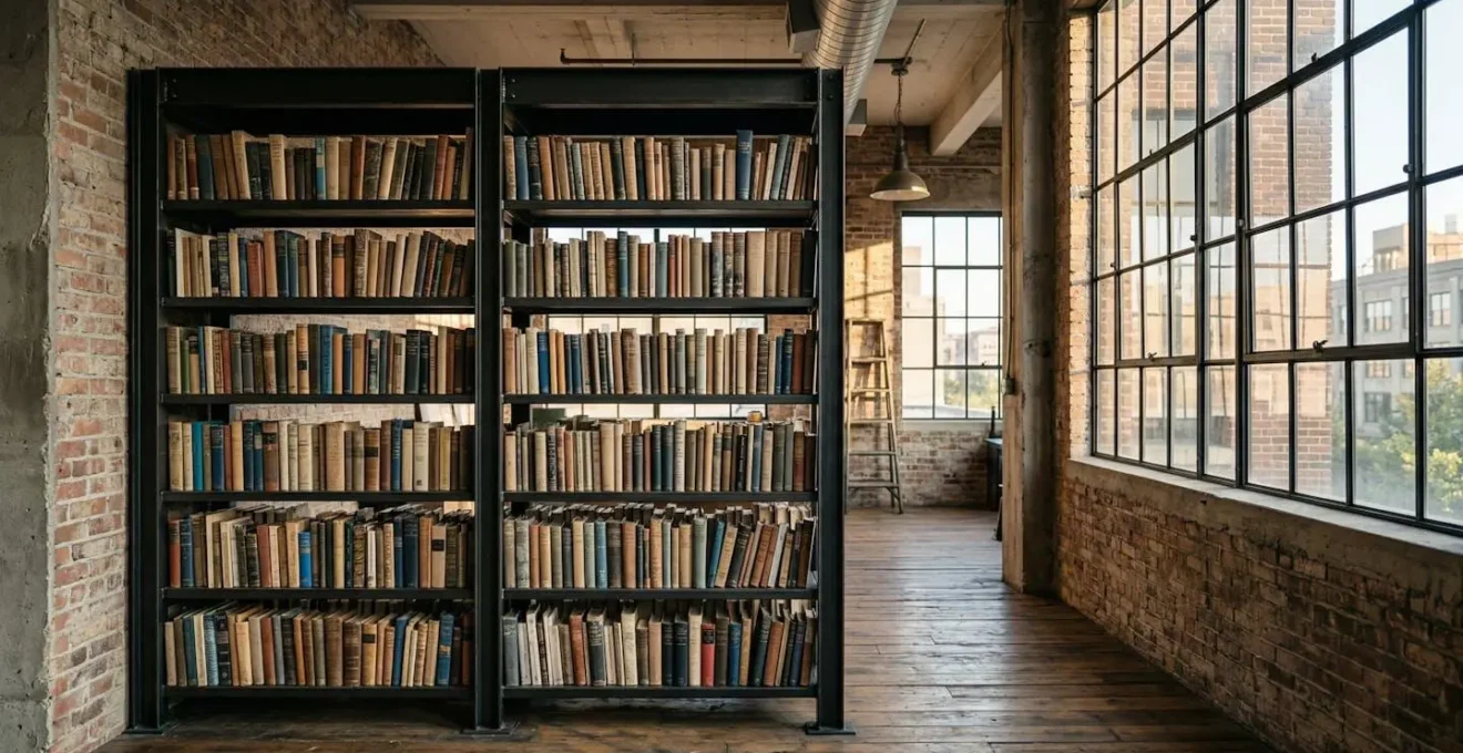Bibliothèque industrielle en métal noir robuste remplie de livres dans un intérieur moderne