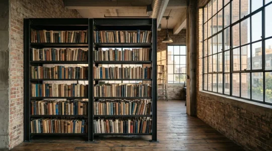 Bibliothèque industrielle en métal noir robuste remplie de livres dans un intérieur moderne