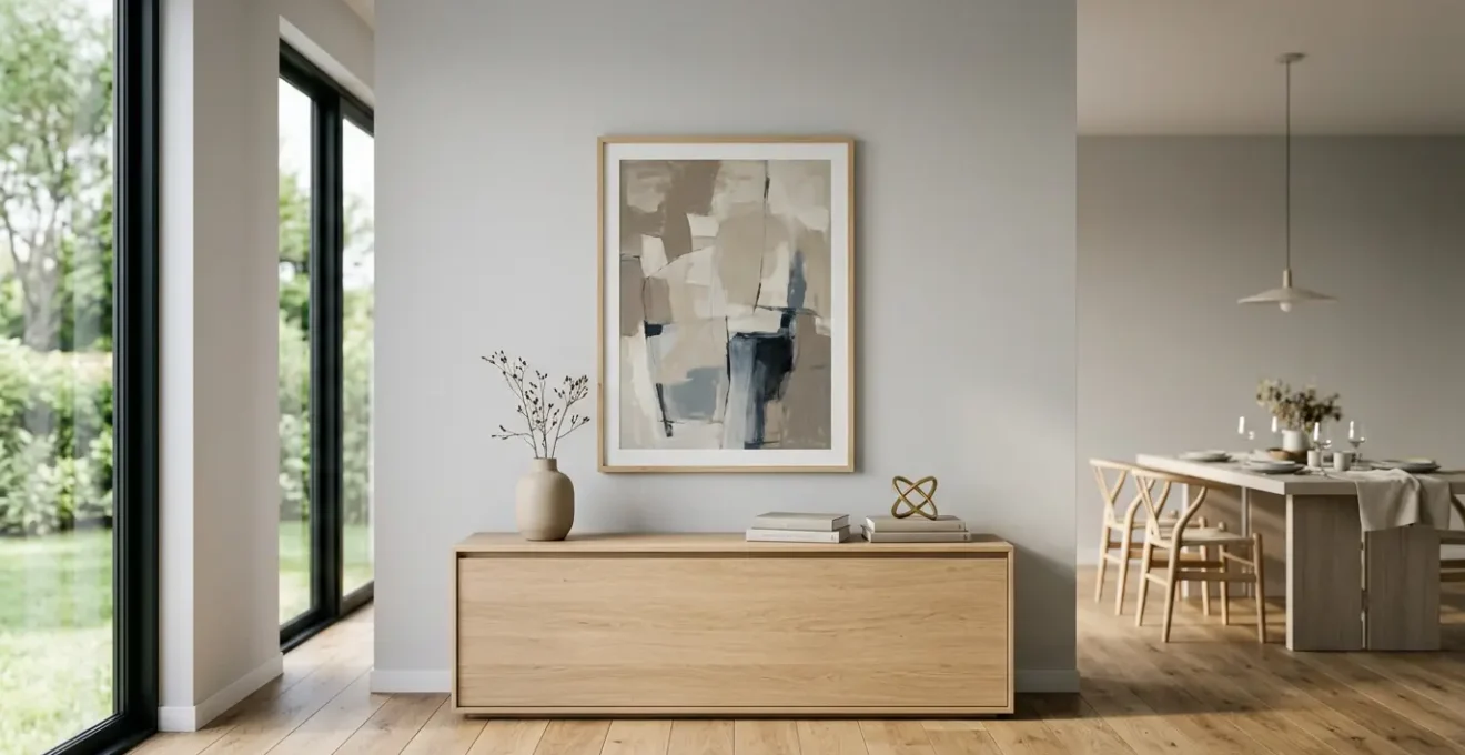 Salle à manger épurée avec enfilade en bois clair et décoration minimaliste