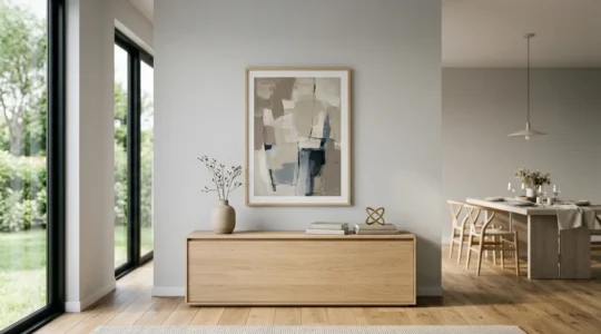 Salle à manger épurée avec enfilade en bois clair et décoration minimaliste