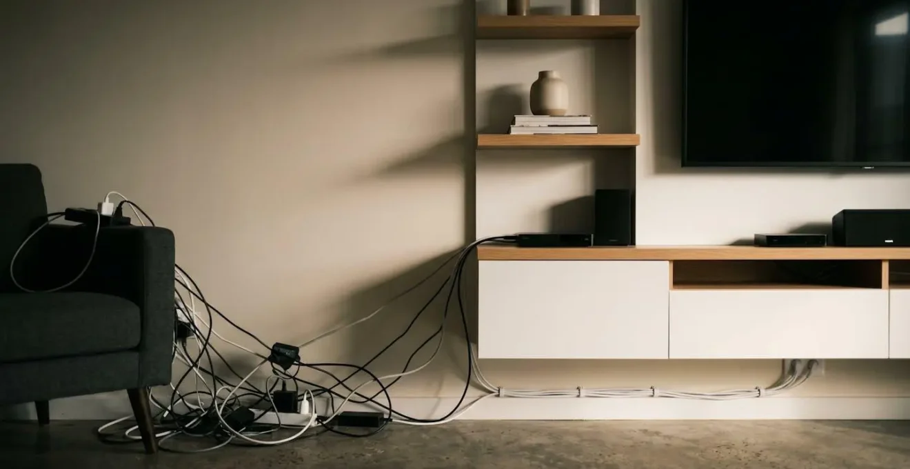 Salon avec système de dissimulation de câbles intégré dans le mobilier et les murs