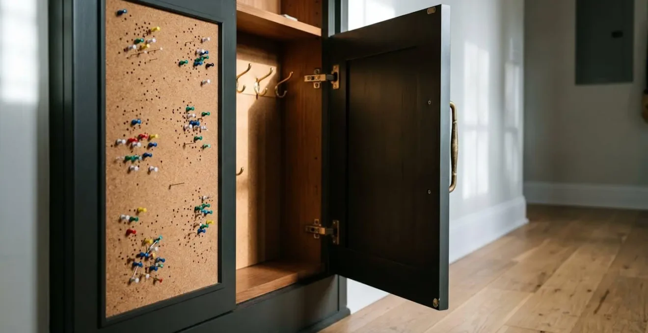 Meuble cache-tableau électrique avec surface en liège pour mémos et rangements intégrés, optimisant l'espace de l'entrée.