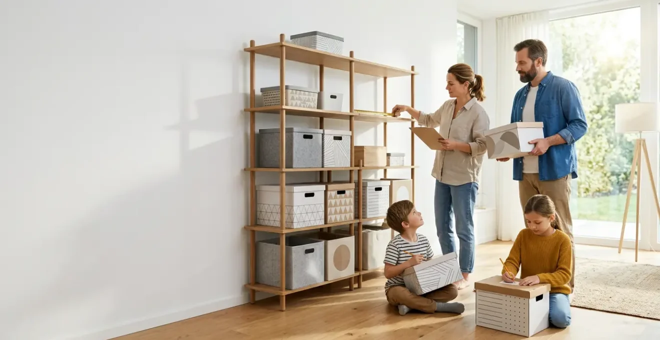 Intérieur moderne montrant une famille organisant méthodiquement l'espace de rangement d'un salon lumineux avec des solutions modulaires