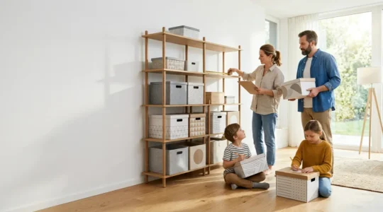 Intérieur moderne montrant une famille organisant méthodiquement l'espace de rangement d'un salon lumineux avec des solutions modulaires