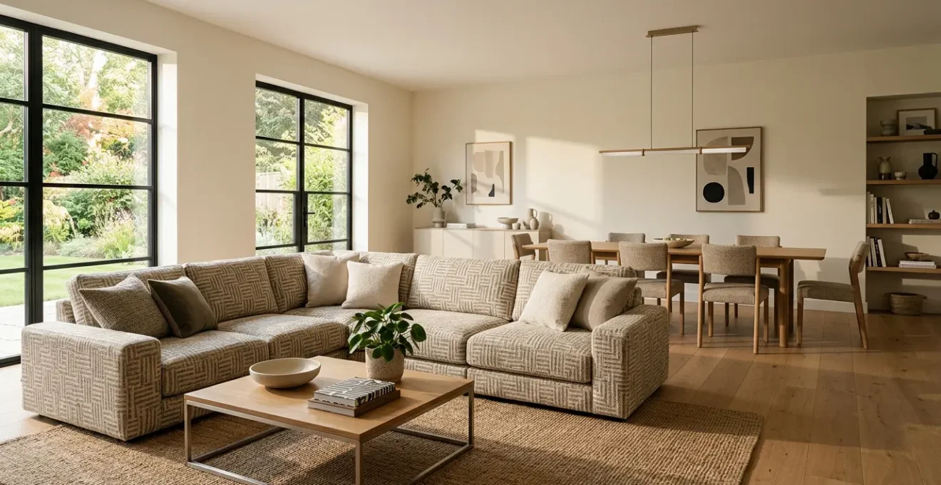 Salon moderne avec un canapé d'angle beige qui structure l'espace sans cloison, créant une séparation naturelle entre le coin détente et la salle à manger