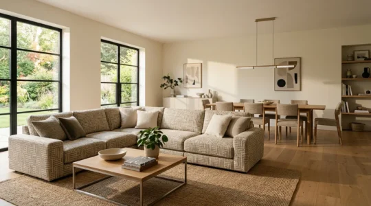 Salon moderne avec un canapé d'angle beige qui structure l'espace sans cloison, créant une séparation naturelle entre le coin détente et la salle à manger