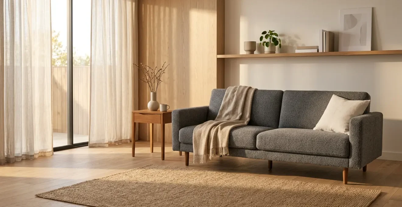 Salon moderne avec canapé convertible gris en position assise, lumière naturelle traversant la pièce