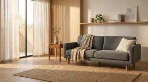 Salon moderne avec canapé convertible gris en position assise, lumière naturelle traversant la pièce