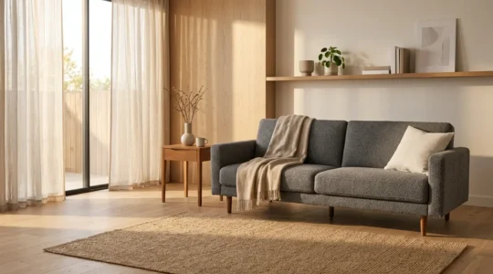 Salon moderne avec canapé convertible gris en position assise, lumière naturelle traversant la pièce