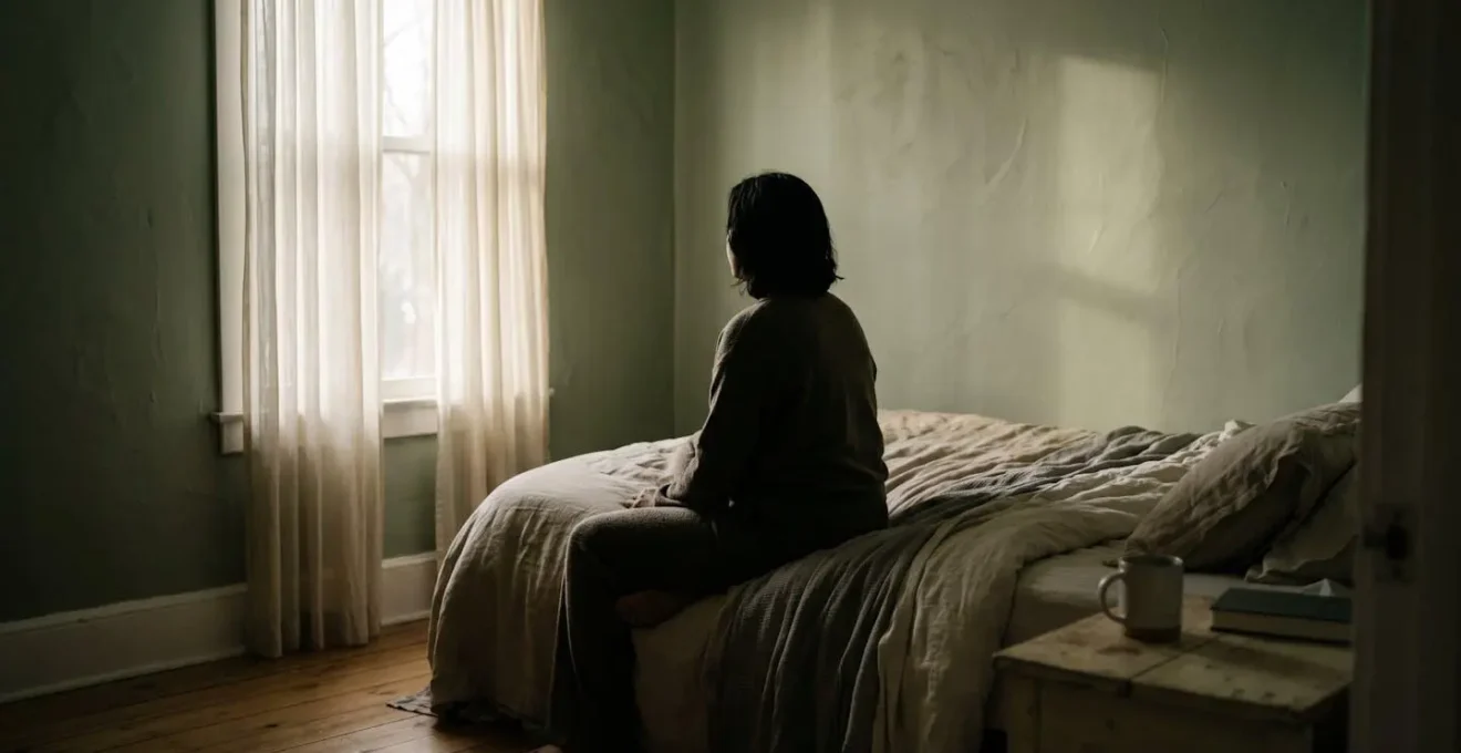 Chambre à coucher aux murs vert sauge avec lumière naturelle filtrée