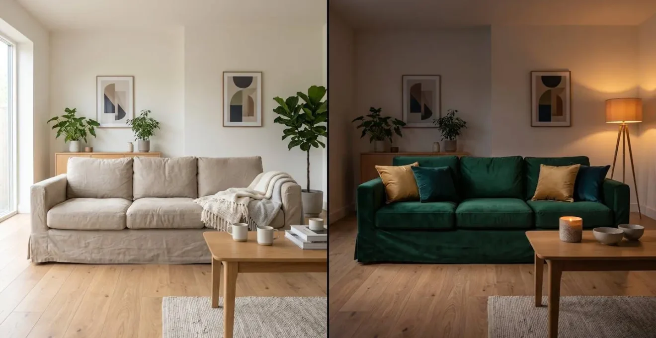Transformation d'un salon par le changement de housses de canapé, avant et après