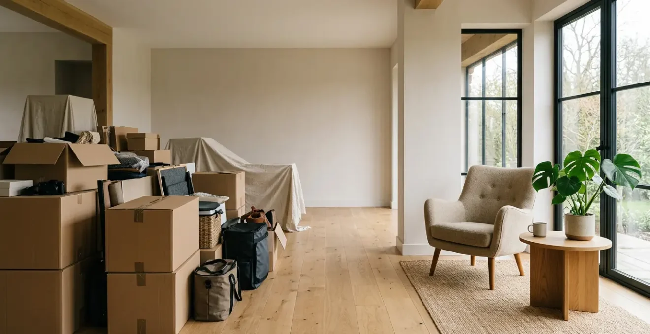 Intérieur lumineux avec salon épuré et zones de vie réorganisées reflétant l'harmonie entre habitat et bien-être