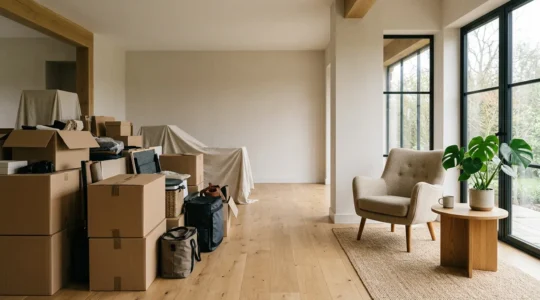 Intérieur lumineux avec salon épuré et zones de vie réorganisées reflétant l'harmonie entre habitat et bien-être