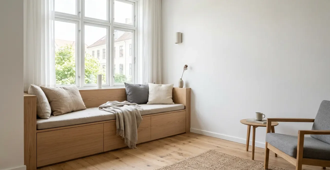 Intérieur moderne avec coffre intégré sous banquette dans un salon lumineux
