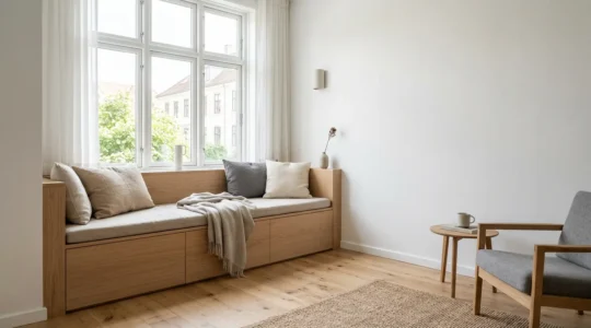 Intérieur moderne avec coffre intégré sous banquette dans un salon lumineux