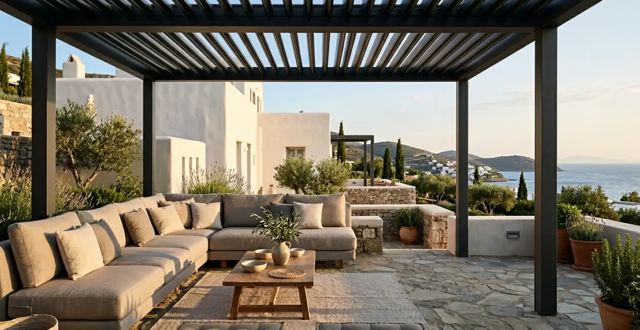 Coin détente aménagé sous une pergola bioclimatique avec canapé et futons sur une terrasse