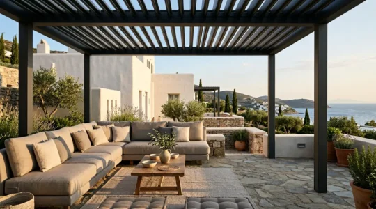 Coin détente aménagé sous une pergola bioclimatique avec canapé et futons sur une terrasse