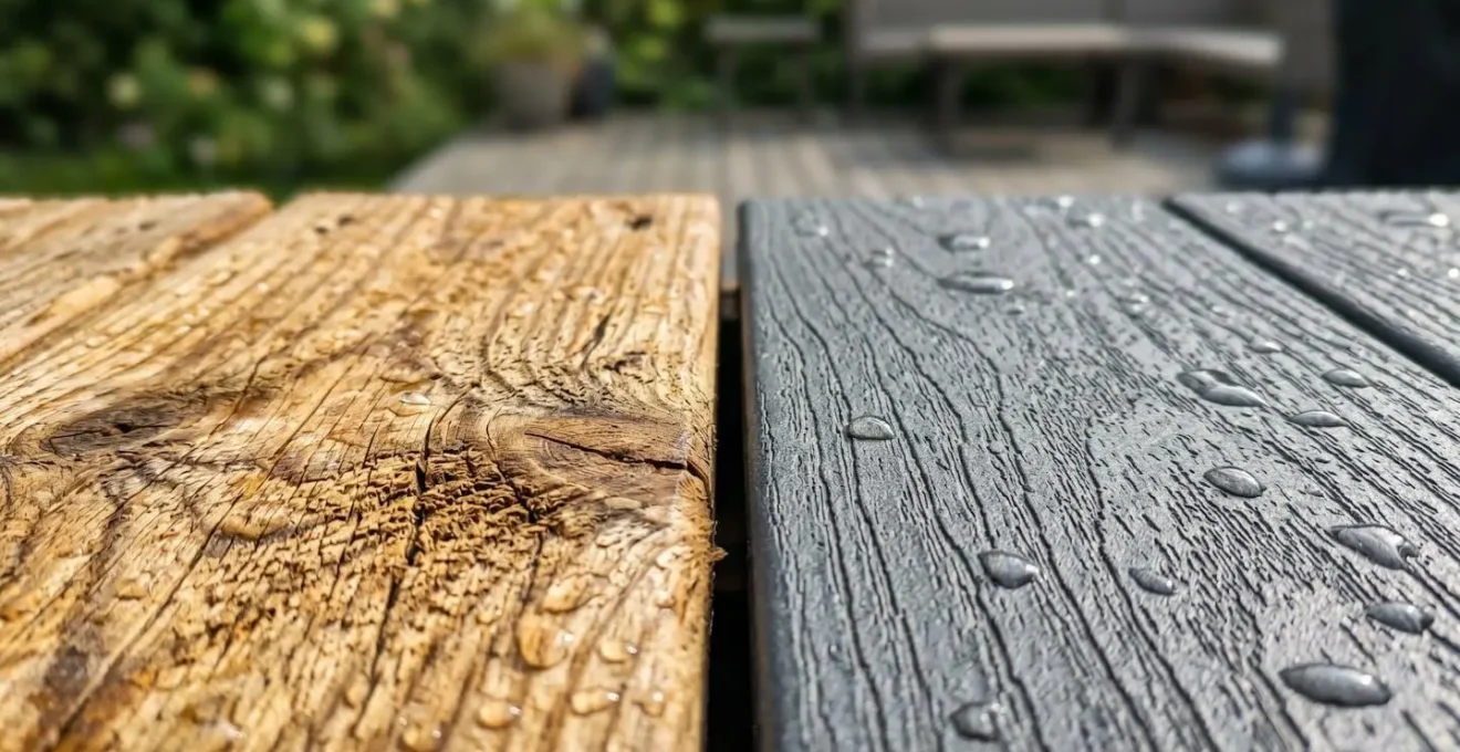 Gros plan comparatif montrant deux types de caillebotis côte à côte sur une terrasse