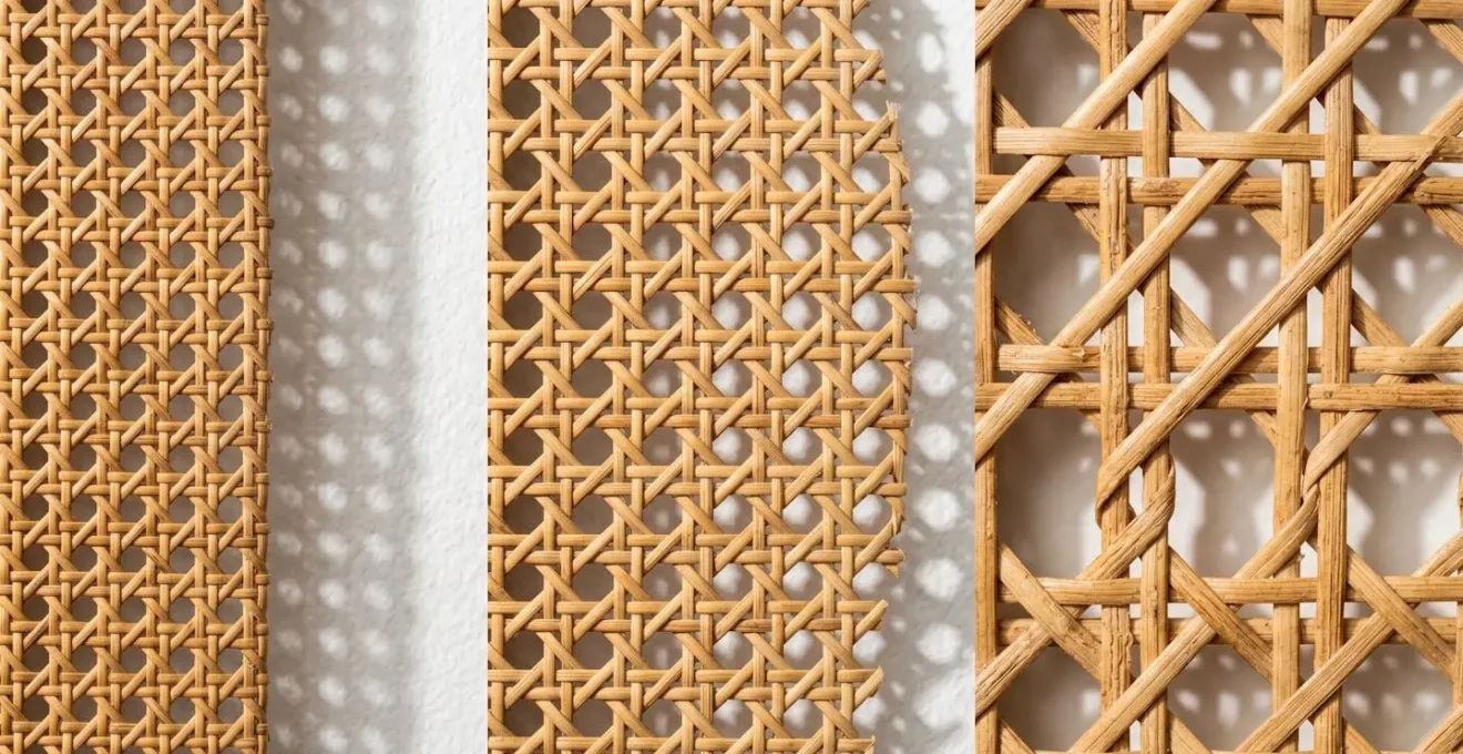 Trois types de tressages de rotin projetant différents motifs d'ombres sur un mur blanc