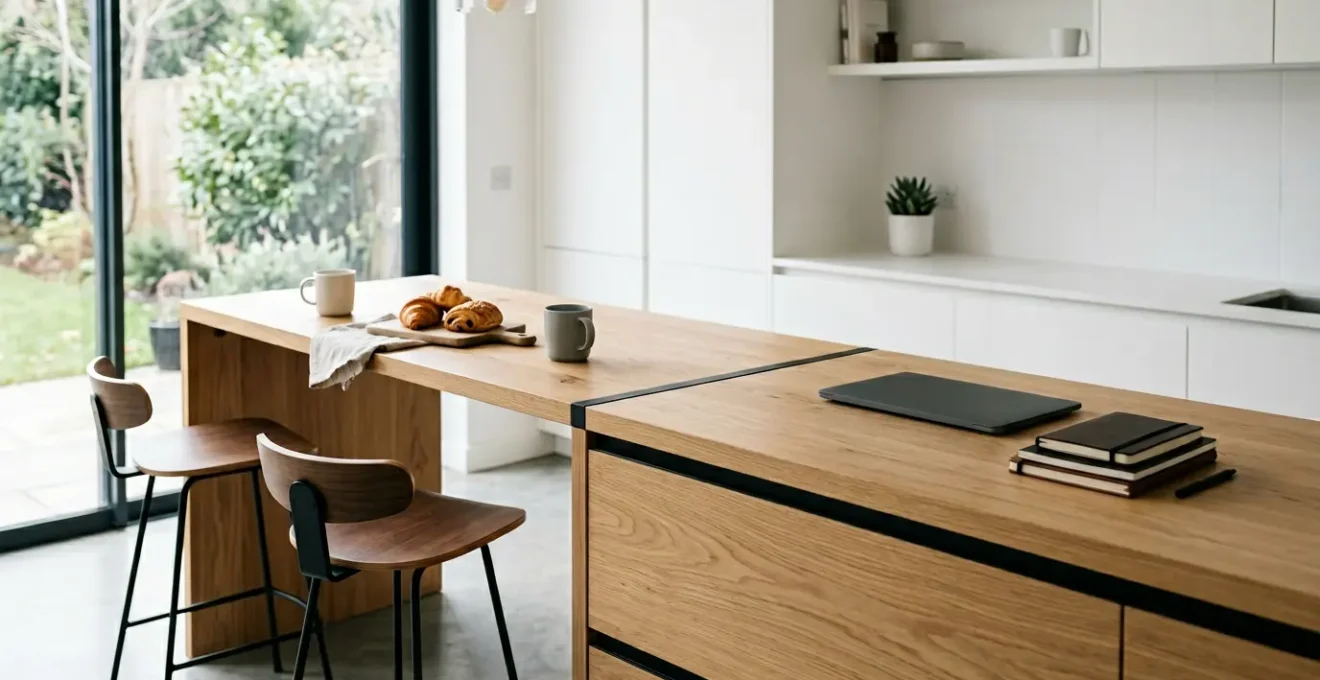 Comptoir de cuisine moderne en bois massif avec espace bureau intégré et tabourets de bar