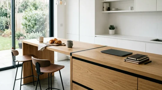 Comptoir de cuisine moderne en bois massif avec espace bureau intégré et tabourets de bar