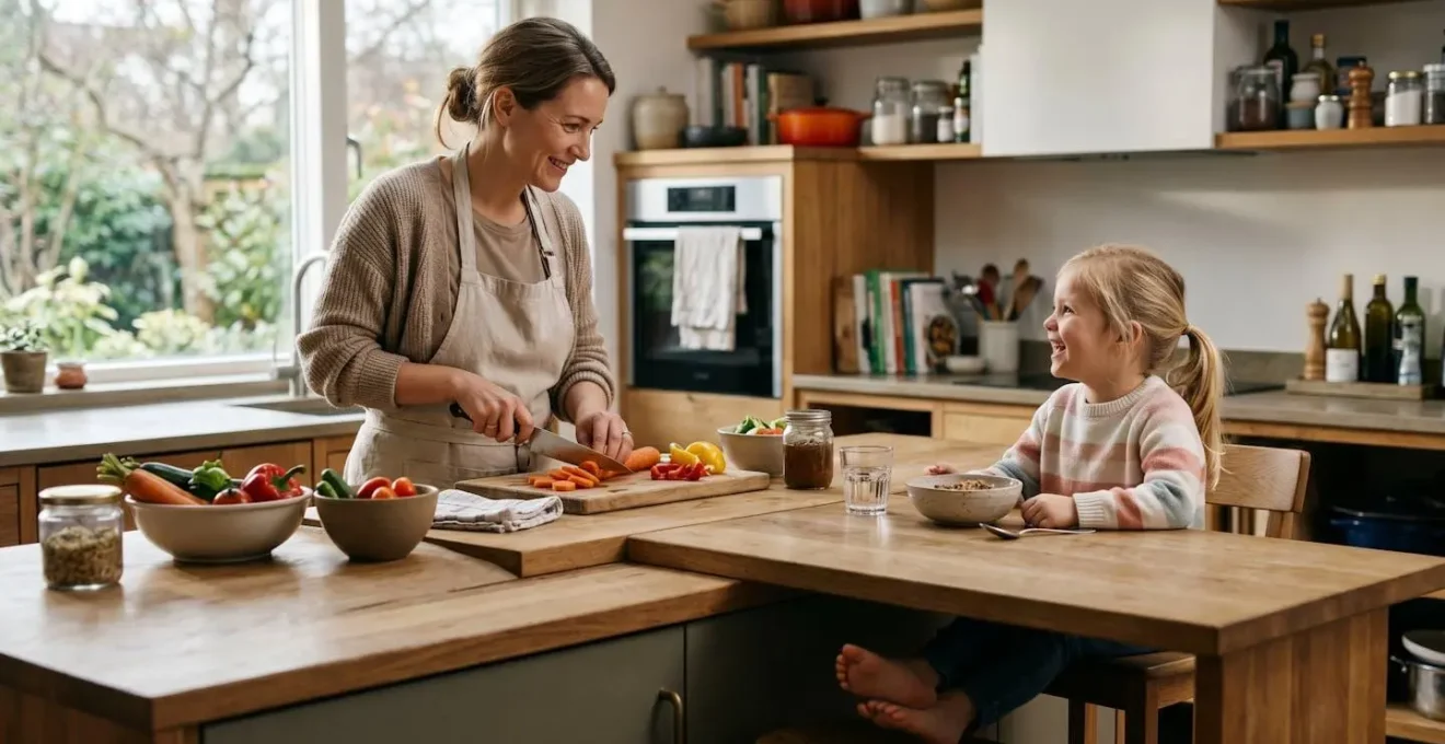 Comptoir de cuisine avec zones à différentes hauteurs pour adultes et enfants