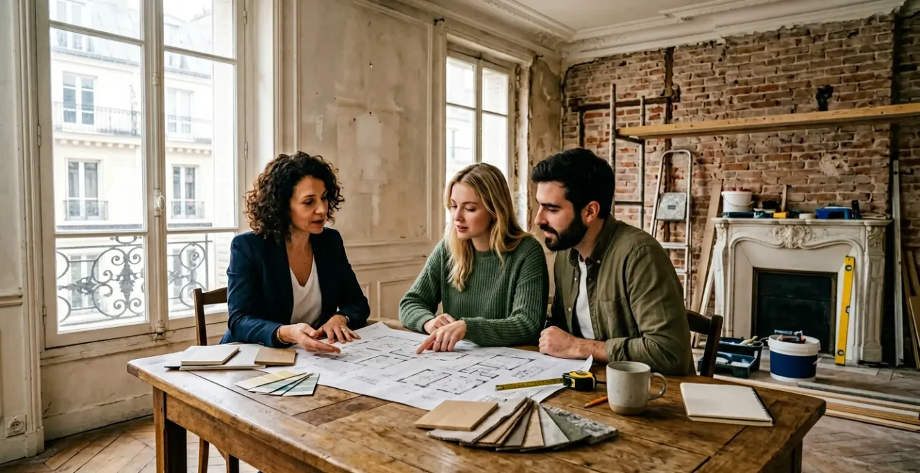 Architecte d'intérieur analysant des plans d'aménagement avec un couple dans un appartement lumineux en rénovation