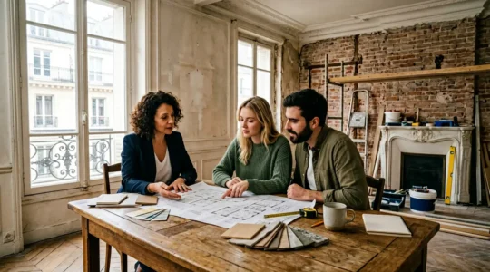 Architecte d'intérieur analysant des plans d'aménagement avec un couple dans un appartement lumineux en rénovation