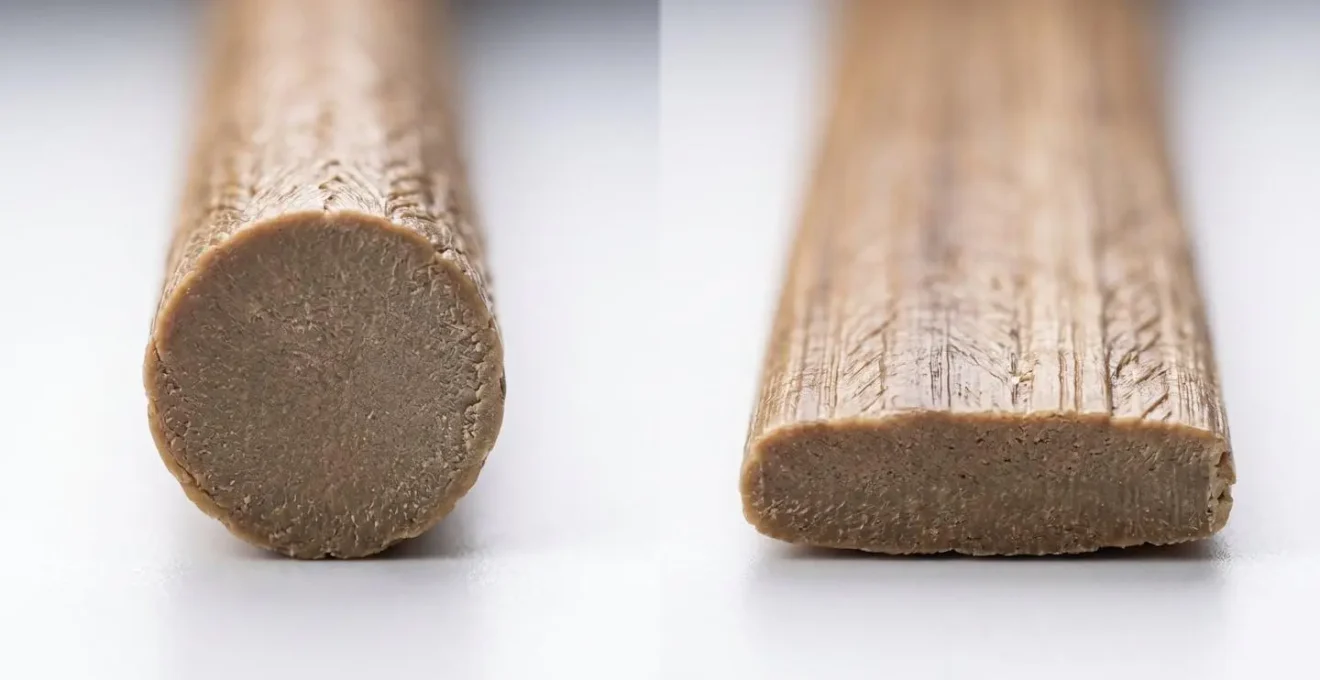 Vue macro comparative de fibres de résine ronde et plate montrant leur structure