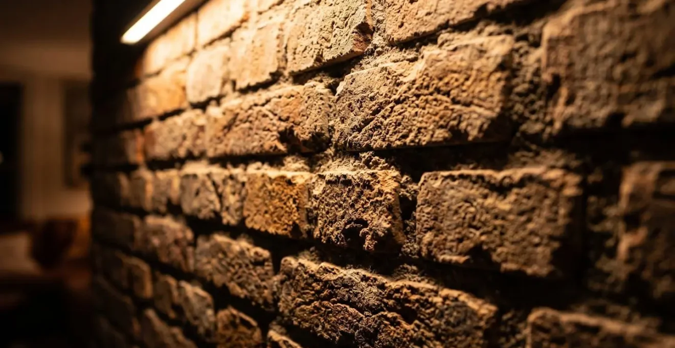 Mur texturé éclairé par la technique du wall grazing créant une ambiance douce