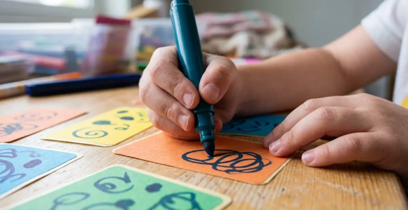 Enfant créant des étiquettes colorées avec des dessins pour identifier les bacs de rangement