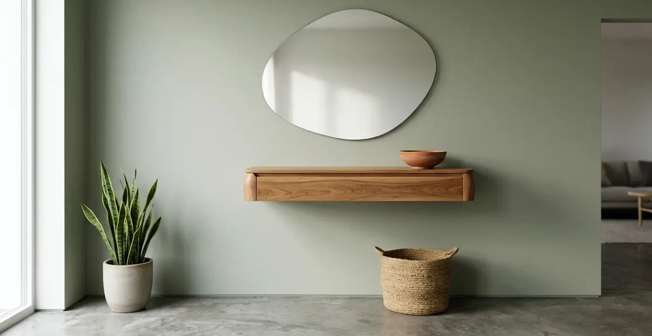 Entrée de maison lumineuse avec console suspendue en bois clair et miroir design