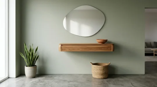 Entrée de maison lumineuse avec console suspendue en bois clair et miroir design