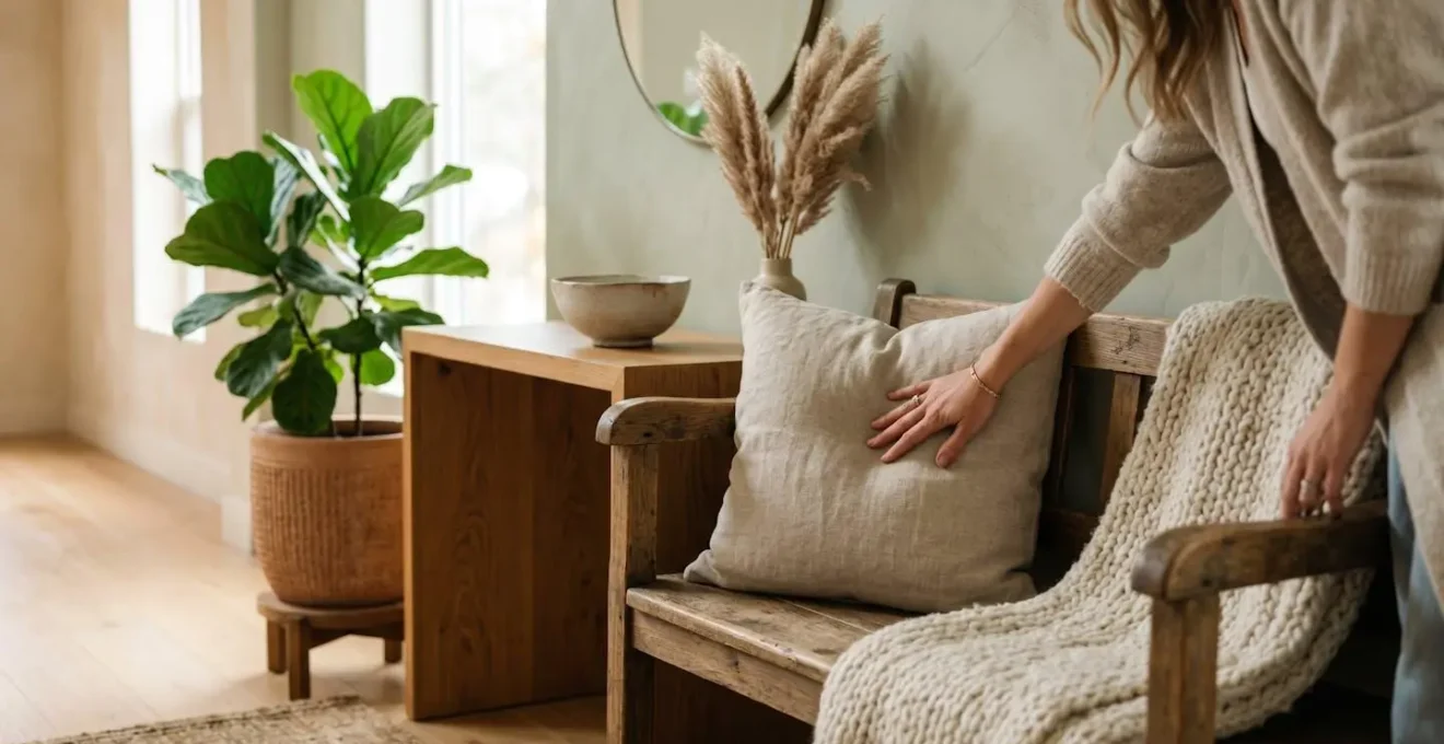 Entrée minimaliste chaleureuse avec éléments naturels et plantes