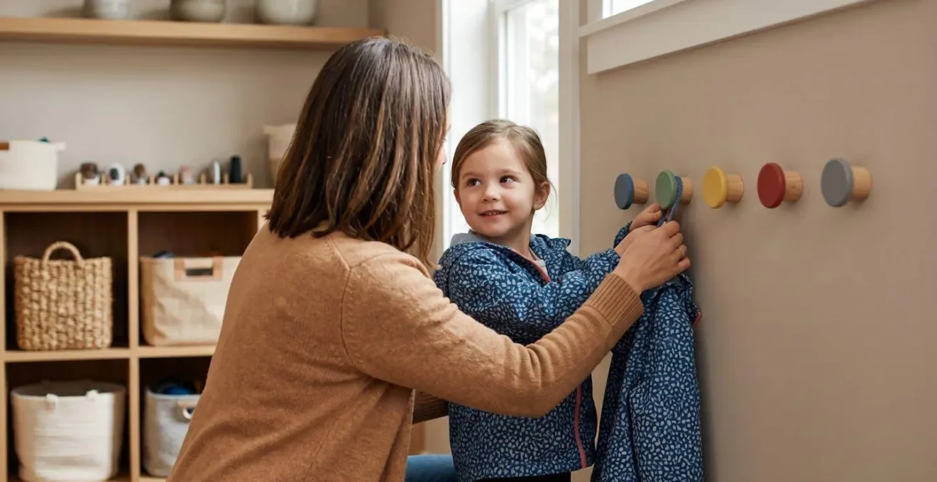 Entrée familiale organisée avec système de rangement vertical et zones dédiées par membre de la famille